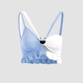 Y2K ribgebreide crop top in blauw-wit contrast met metalen ring en ruches - S / Hemelsblauw