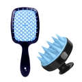 Blue vented hair brush and scalp massager set with black handles for women styling - Blue & Black Set (Cushion Brush + Scalp Brush)
