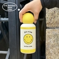 Yellow 316 stainless steel thermal water bottle with smiley face design and round lid - 350ml / Lemon Yellow Lid / Lemon Yellow Smiley