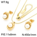 Golden stainless steel jewelry set with white shell pearls featuring necklace and earrings - Gold 2-Piece Set