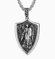 Silver Saint Michael shield pendant necklace with embossed angel and durable box chain - Saint Michael Shield Style (A0406) / Pendant Only (No Chain) / Steel