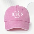 Casquette en coton lavé rose avec texte JESUS blanc et imprimé couronne d'épines - Rose