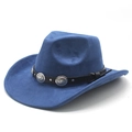 Detailed view of blue faux suede cowboy hat featuring silver engraved metal conchos - M (56-58cm) / Navy Blue