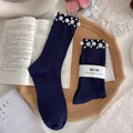 Navy blue ribbed mid-calf socks decorated with pearls and floral bead accents - One Size (EU 34-39) / Navy Blue
