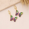 Gradient butterfly drop earrings in 18K gold finish with colorful crystal wings - Rainbow