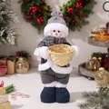 Bonhomme de neige en peluche nordique avec bonnet en tricot gris et panier de Noël - Poupée bonhomme de neige debout tricotée grise
