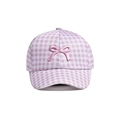 Detailed view of pink plaid texture and 3D bow embroidery on kids baseball cap - Kids Head Circumference (50-54cm) / Pink