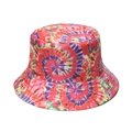 Detailed top view of a colorful swirl tie-dye bucket hat with reinforced brim stitching - Red