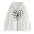 White zip-up hoodie featuring a black heart-shaped spider web print in a streetwear style - White (Spider Web Heart)