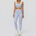 Light blue high waist yoga set with white contrast trim including bra and leggings - S / Top And Bottom (Bra + Long Pants) / Mist Blue