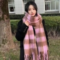 Pink and brown checkered plaid tassel scarf for women in soft cashmere-like material - Two-tone Pink