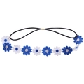 Detailed view of blue and white embroidered daisy flowers on a black elastic headband - Blue + White