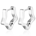 Macro shot of silver star-shaped hoop earrings with polished metal finish on white background - Pentagram / Silver