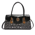 Chic black crocodile embossed and leopard print crossbody bag with gold charms - Leopard Black