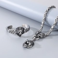 Silver punk lion head stainless steel jewelry set with cuff bracelet and Byzantine chain - 66*12mm Bangle Set