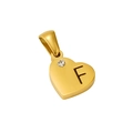 Macro shot of a golden heart pendant featuring letter F and a sparkling rhinestone - Letter F