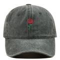 Detailed embroidery of a red rose on a vintage washed cotton baseball cap with curved brim - Army Green