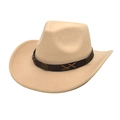 Classic beige felt western cowboy hat with vintage brown leather band and metallic buckle - Beige