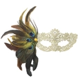 Antique gold lace masquerade mask with peacock feathers and bright amber gemstone - Feather Rhinestone Six-Petal - Gold
