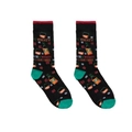 Detail von Weihnachts-Socken mit festlichen Whiskeyflaschen und Schneeflockenmuster - Einheitsgröße / Schwarzes Whiskey-Flaschen-Thema / Schwarz