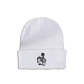Detail of white ribbed beanie featuring a black embroidered skull drinking hot tea - M (56-58cm) / White