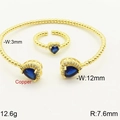 Vergoldetes Kupfer-Schmuckset mit blauem Herz-Zirkon-Armband und passendem Ring - Gold Blau