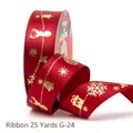 Red Christmas satin ribbon 25 yards with gold foil reindeer and snowflake patterns - 2.5cmx25 Yards / Wine Red Dotted Gift Style (G-24)