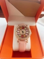 Luxury rose gold watch with crystal bezel and pink leather strap in a gift box - Pink