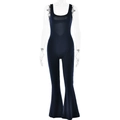 Detail view of navy blue backless jumpsuit with spaghetti straps and flared leg style - S / Navy Blue