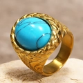 Macro shot of oval turquoise gemstone ring with golden woven texture and vintage details - US 7 / Gold Turquoise