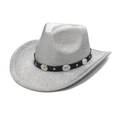 Detail van zilveren pailletten cowboyhoed met zwarte lederen band en metalen studs - Pailletten Glitter Stijl / Zilver