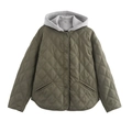 Giacca trapuntata da donna verde militare con cappuccio rimovibile grigio e bottoni - XS / Verde Militare
