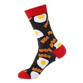 Black crew sock with red trim featuring funny fried egg and bacon patterns - 954