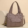 Bolso tote marrón de piel sintética suave con asas dobles y correa de hombro - Caqui
