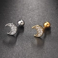 Pair of moon-shaped stainless steel stud earrings with zircons in silver and gold finishes - Pave Moon(S-CC003-8)