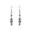Detailed close-up of silver seahorse earrings featuring small sky blue beads for accents - Seahorse Style (E1231-6) / Silver/Blue