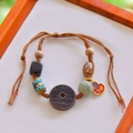 Ethnic beaded bracelet with turquoise, agate, and red lucky charms on woven cord - Auspicious Mountain Hand-Rubbed Rope Bracelet (1046-1#)