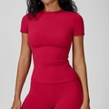Short sleeve quick-dry yoga top in vibrant rose pink with high-elastic slim fit design - Raspberry Red