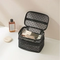 Double-layer black mesh makeup bag with heart pattern and zipper, featuring brush storage - Double Layer Black Heart