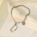 Silver stainless steel beaded bracelet with adjustable slide clasp and round charm tag - Steel