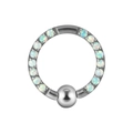 Silver stainless steel captive bead ring with white opal stones and a polished metal bead - Steel Color-OP17 Opal