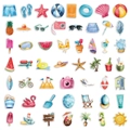 Detailed view of 50 watercolor summer beach theme PET stickers with tropical motifs - Watercolor Summer-50PCS (PET Transparent)