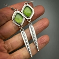 Vintage gold drop earrings featuring square green stones and textured cone pendants - S586 Green Gemstone Cone