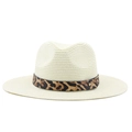 Classic beige straw fedora hat with leopard print band and metal rivet for summer - Creamy White