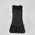 Detail of black sleeveless mini dress featuring a voluminous tiered ruffle hem and round neck - S / Black