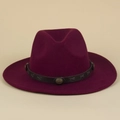 Close-up of bohemian felt fedora with a dark brown leather band and metal buckle detail - M (56-58cm) / Burgundy