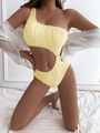 Detail of light yellow one shoulder cutout swimsuit with ribbed texture and white shirt - Yellow