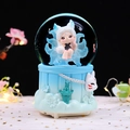 Japanese style kitsune girl crystal ball music box with floating snow and blue LED light - -027 Blue Base / Medium 80mm Light + Music