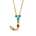 Gold finish necklace featuring a letter J pendant encrusted with colorful cubic zirconia - Letter J