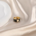 Vintage style open ring in gold and black finish with a white stone center on silk - Black Gold - Faux Pearl - Open